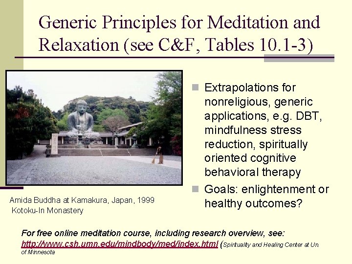 Generic Principles for Meditation and Relaxation (see C&F, Tables 10. 1 -3) n Extrapolations Generic Principles for Meditation and Relaxation (see C&F, Tables 10. 1 -3) n Extrapolations