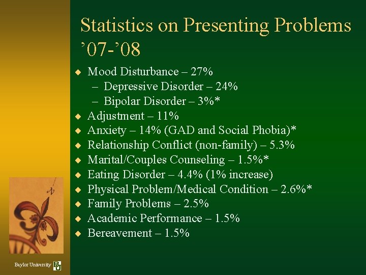 Statistics on Presenting Problems ’ 07 -’ 08 ¨ Mood Disturbance – 27% ¨