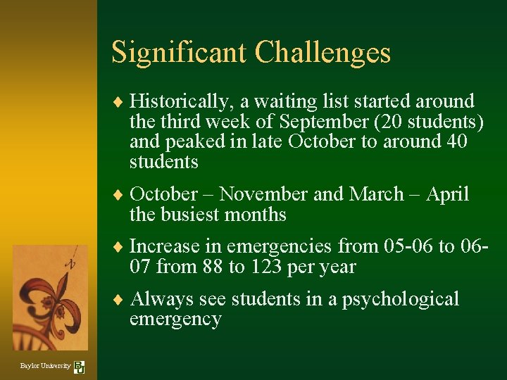 Significant Challenges ¨ Historically, a waiting list started around the third week of September