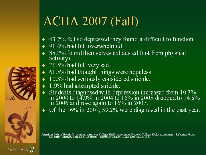 ACHA 2007 (Fall) ¨ 43. 2% felt so depressed they found it difficult to