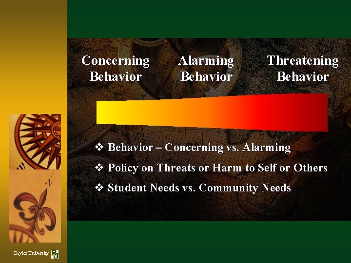 Concerning Behavior Alarming Behavior Threatening Behavior v Behavior – Concerning vs. Alarming v Policy