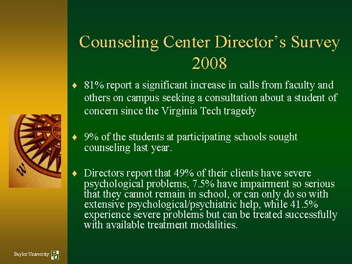 Counseling Center Director’s Survey 2008 ¨ 81% report a significant increase in calls from