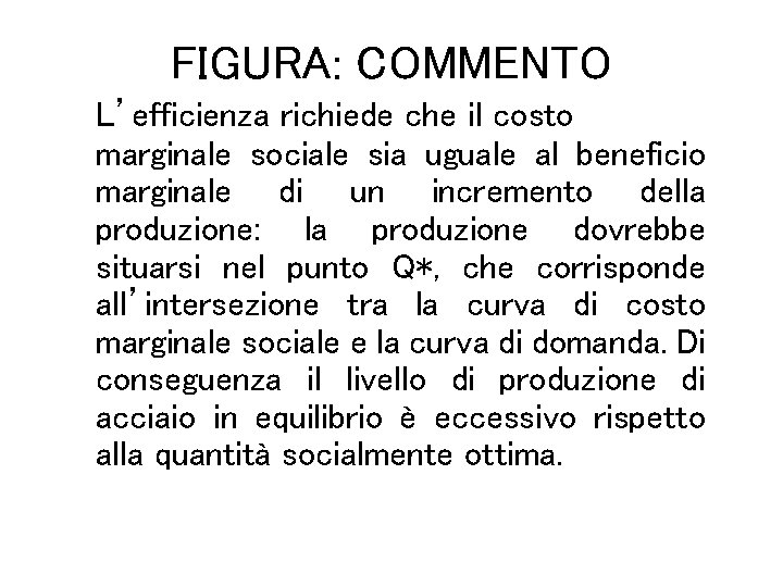FIGURA: COMMENTO L’efficienza richiede che il costo marginale sociale sia uguale al beneficio marginale