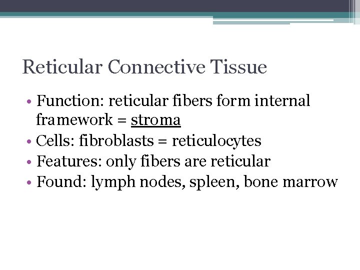 Reticular Connective Tissue • Function: reticular fibers form internal framework = stroma • Cells: