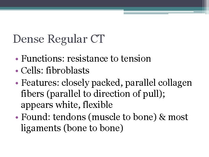 Dense Regular CT • Functions: resistance to tension • Cells: fibroblasts • Features: closely