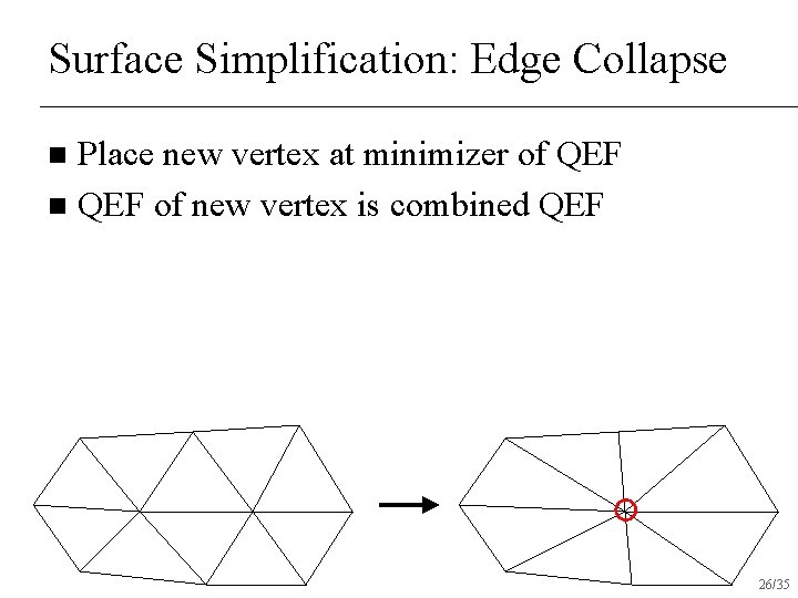 Surface Simplification: Edge Collapse Place new vertex at minimizer of QEF n QEF of