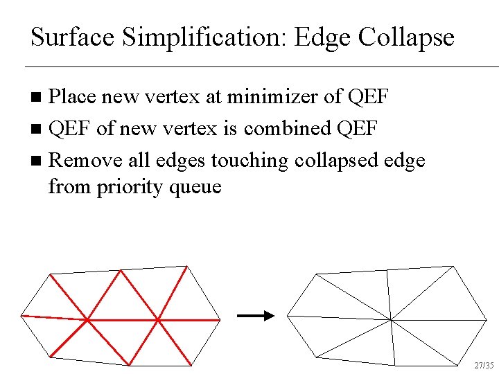 Surface Simplification: Edge Collapse Place new vertex at minimizer of QEF n QEF of
