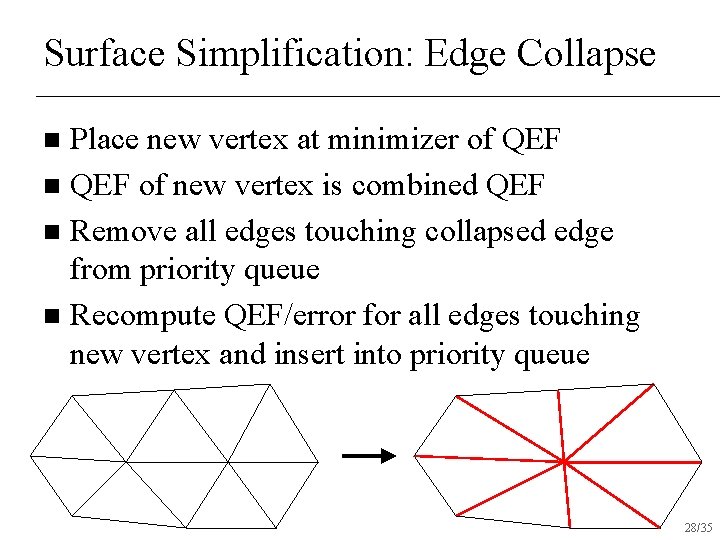 Surface Simplification: Edge Collapse Place new vertex at minimizer of QEF n QEF of