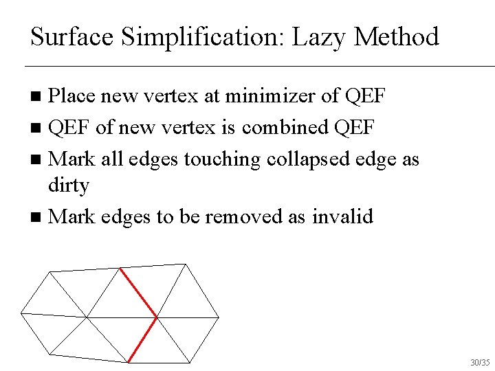 Surface Simplification: Lazy Method Place new vertex at minimizer of QEF n QEF of