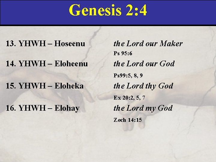 Genesis 2: 4 13. YHWH – Hoseenu the Lord our Maker Ps 95: 6