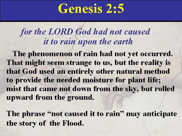 Genesis 2: 5 for the LORD God had not caused it to rain upon