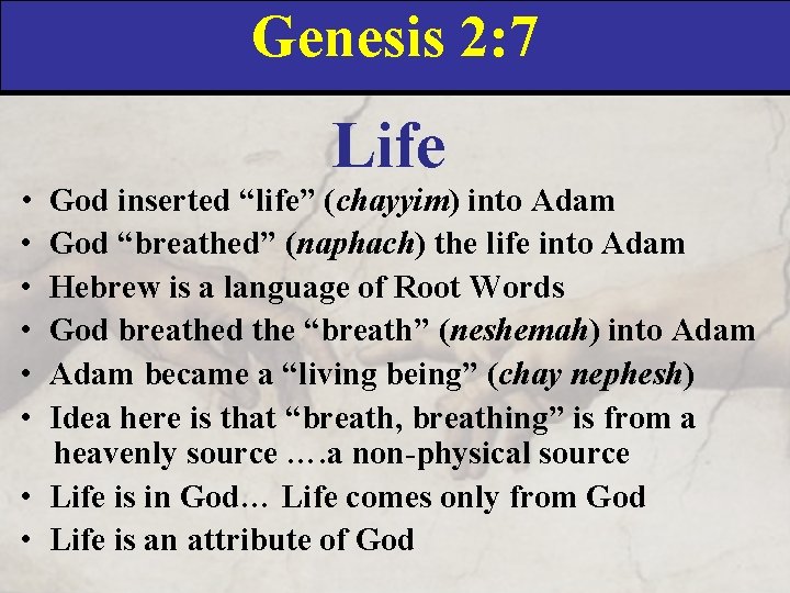 Genesis 2: 7 • • • Life God inserted “life” (chayyim) into Adam God