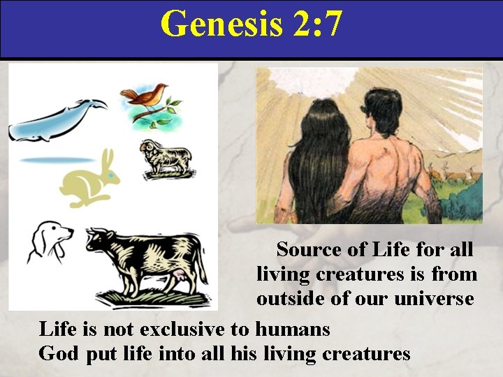 Genesis 2: 7 Source of Life for all living creatures is from outside of