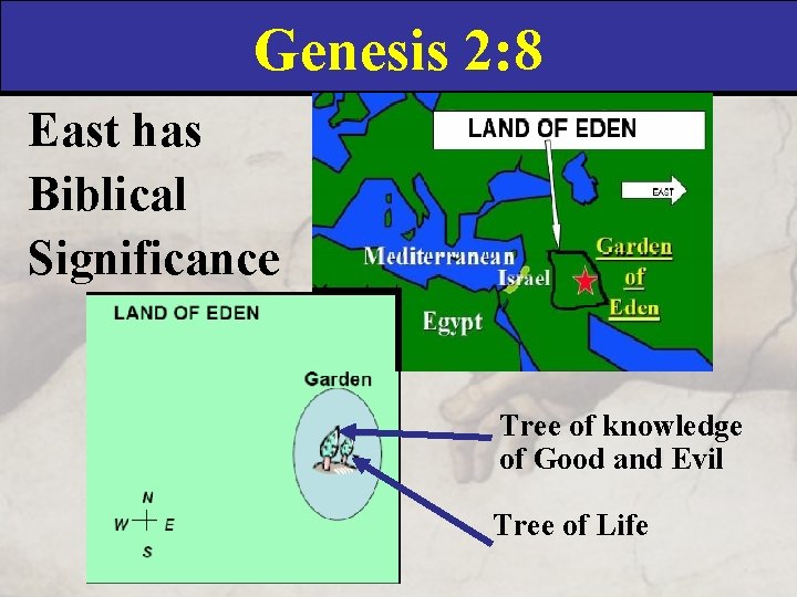 Genesis 2: 8 East has Biblical Significance Tree of knowledge of Good and Evil