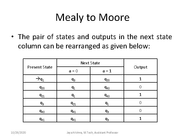 Mealy to Moore • The pair of states and outputs in the next state