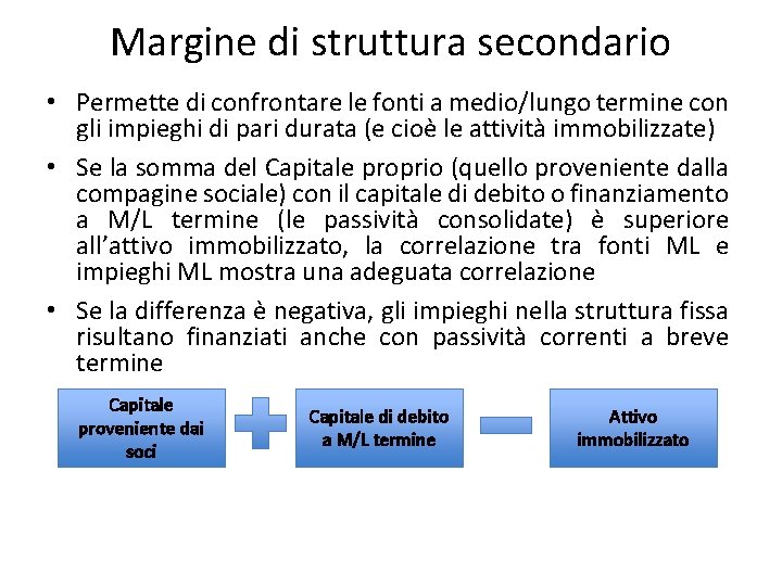 Margine di struttura secondario • Permette di confrontare le fonti a medio/lungo termine con