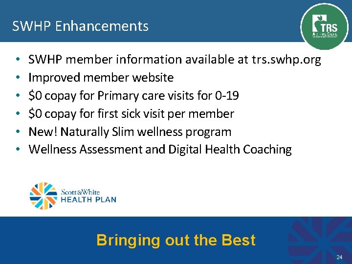SWHP Enhancements • • • SWHP member information available at trs. swhp. org Improved