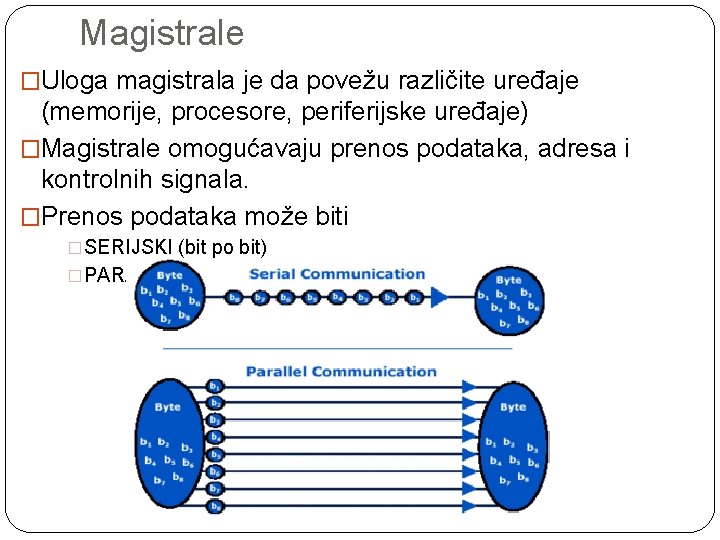 Magistrale �Uloga magistrala je da povežu različite uređaje (memorije, procesore, periferijske uređaje) �Magistrale omogućavaju