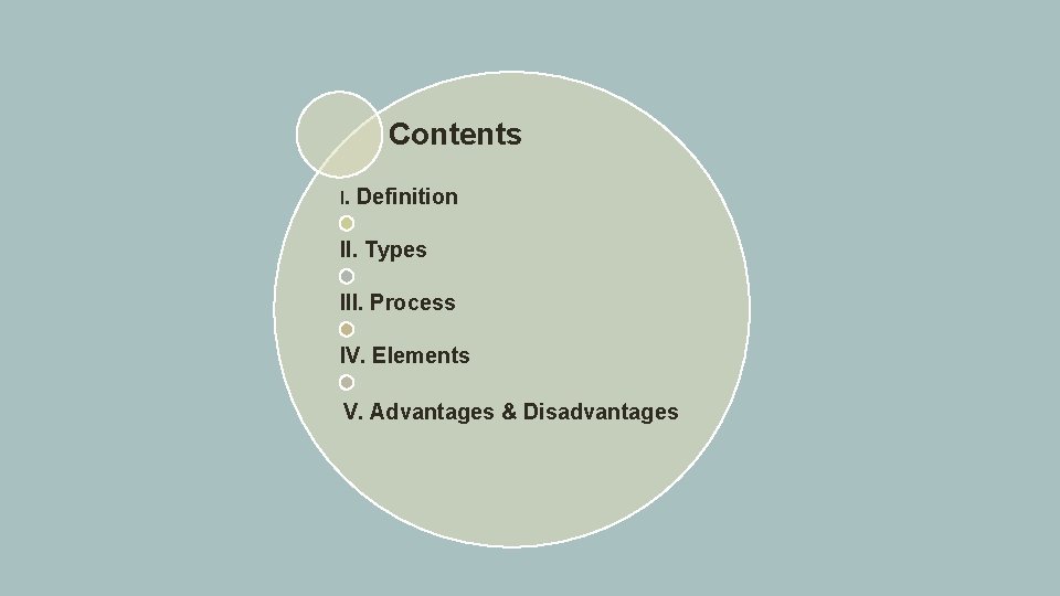 Contents I. Definition II. Types III. Process IV. Elements V. Advantages & Disadvantages 