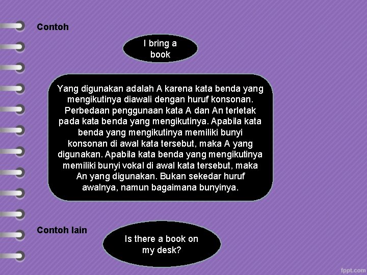 Contoh I bring a book Yang digunakan adalah A karena kata benda yang mengikutinya