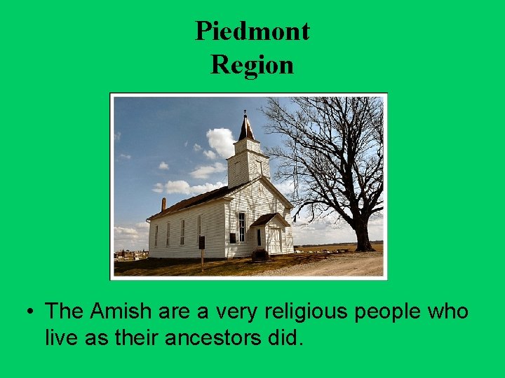 Piedmont Region • The Amish are a very religious people who live as their
