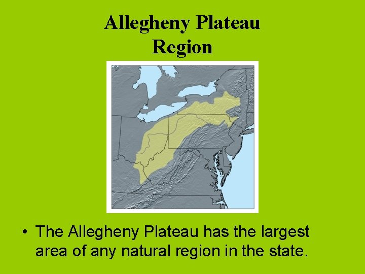 Allegheny Plateau Region • The Allegheny Plateau has the largest area of any natural