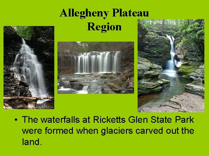 Allegheny Plateau Region • The waterfalls at Ricketts Glen State Park were formed when