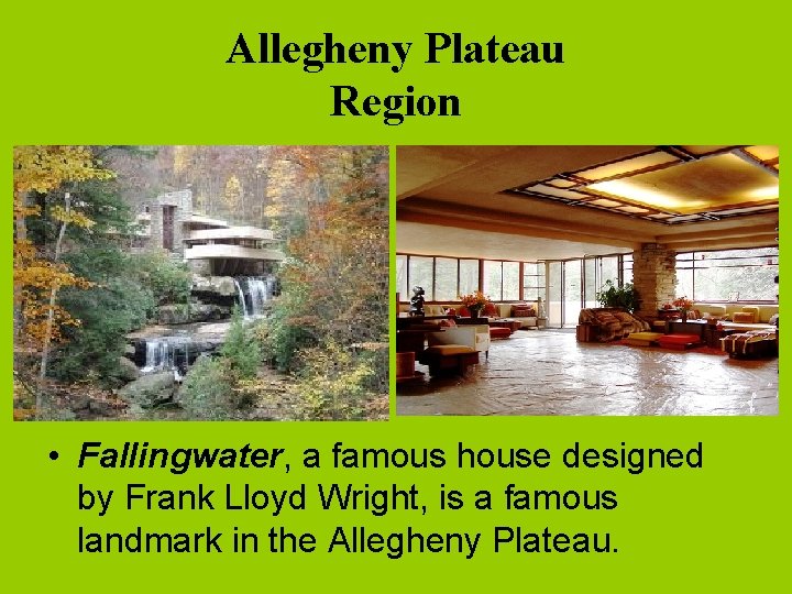 Allegheny Plateau Region • Fallingwater, a famous house designed by Frank Lloyd Wright, is