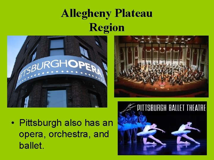 Allegheny Plateau Region • Pittsburgh also has an opera, orchestra, and ballet. 