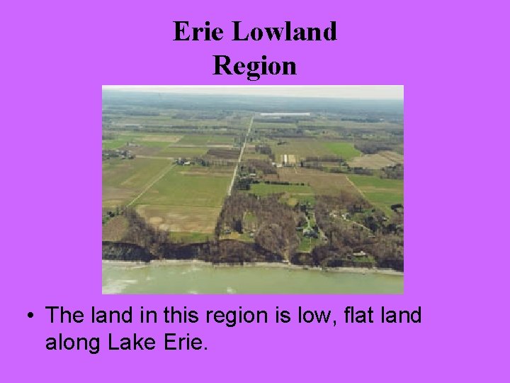Erie Lowland Region • The land in this region is low, flat land along Erie Lowland Region • The land in this region is low, flat land along