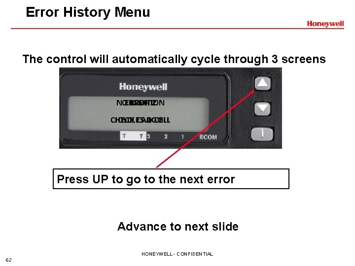 Error History Menu The control will automatically cycle through 3 screens NOERROR IGNITION 5