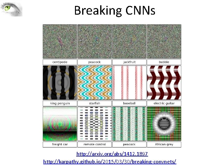 Breaking CNNs http: //arxiv. org/abs/1412. 1897 http: //karpathy. github. io/2015/03/30/breaking-convnets/ 