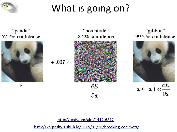 What is going on? x http: //arxiv. org/abs/1412. 6572 http: //karpathy. github. io/2015/03/30/breaking-convnets/ 