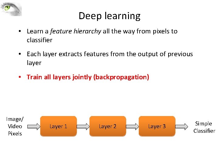 Deep learning • Learn a feature hierarchy all the way from pixels to classifier