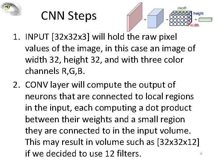 CNN Steps 1. INPUT [32 x 3] will hold the raw pixel values of