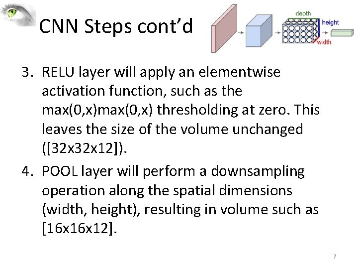 CNN Steps cont’d 3. RELU layer will apply an elementwise activation function, such as