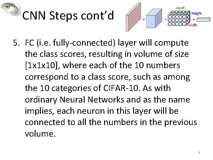 CNN Steps cont’d 5. FC (i. e. fully-connected) layer will compute the class scores,
