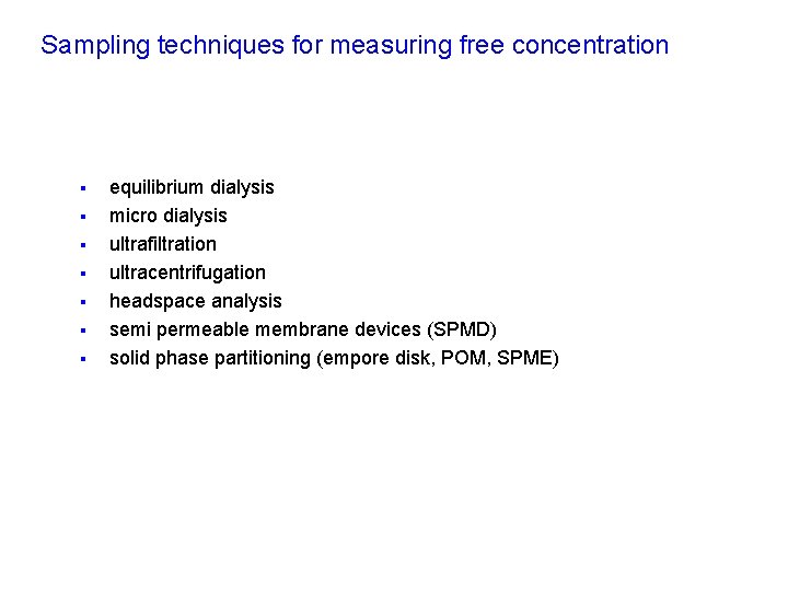 Sampling techniques for measuring free concentration § § § § equilibrium dialysis micro dialysis