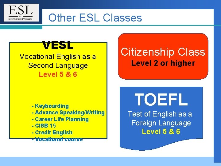Other ESL Classes VESL Vocational English as a Second Language Level 5 & 6 Other ESL Classes VESL Vocational English as a Second Language Level 5 & 6