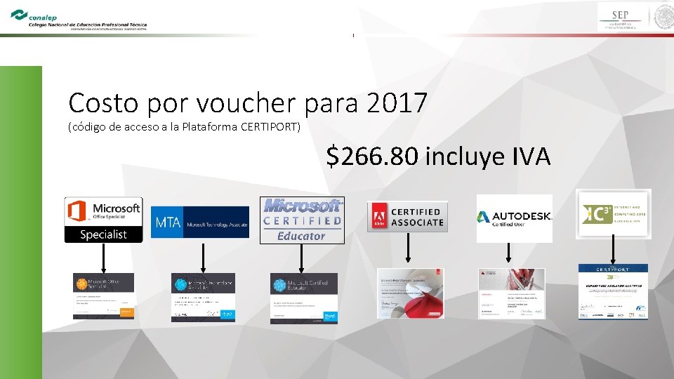 Costo por voucher para 2017 (código de acceso a la Plataforma CERTIPORT) $266. 80