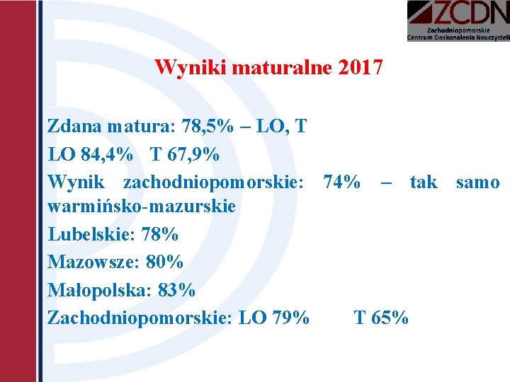 Wyniki maturalne 2017 Zdana matura: 78, 5% – LO, T LO 84, 4% T Wyniki maturalne 2017 Zdana matura: 78, 5% – LO, T LO 84, 4% T