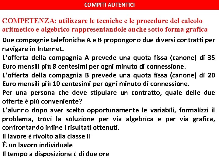 COMPITI AUTENTICI COMPETENZA: utilizzare le tecniche e le procedure del calcolo aritmetico e algebrico COMPITI AUTENTICI COMPETENZA: utilizzare le tecniche e le procedure del calcolo aritmetico e algebrico