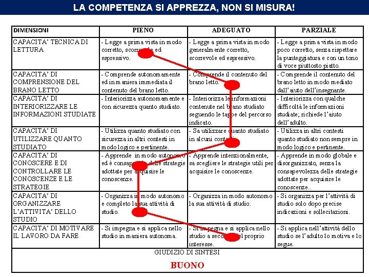 LA COMPETENZA SI APPREZZA, NON SI MISURA! DIMENSIONI PIENO ADEGUATO CAPACITA’ TECNICA DI LETTURA LA COMPETENZA SI APPREZZA, NON SI MISURA! DIMENSIONI PIENO ADEGUATO CAPACITA’ TECNICA DI LETTURA