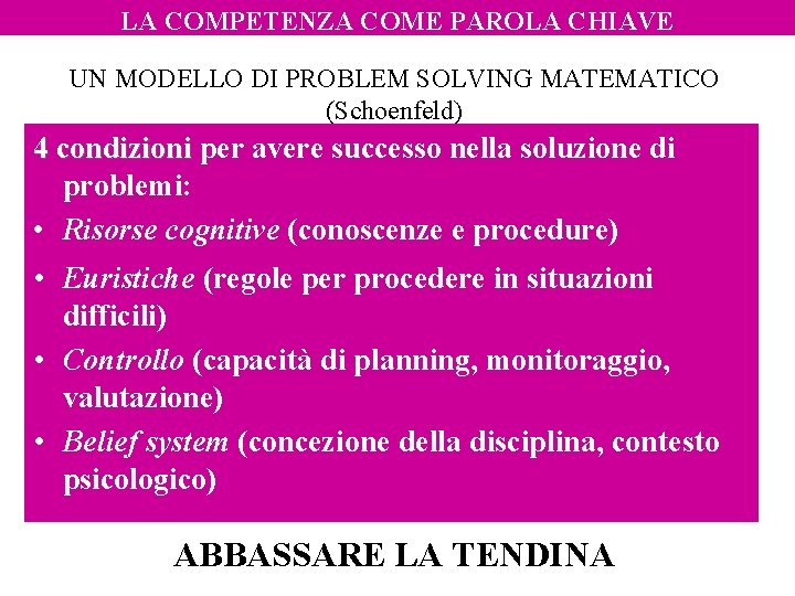 LA COMPETENZA COME PAROLA CHIAVE UN MODELLO DI PROBLEM SOLVING MATEMATICO (Schoenfeld) 4 condizioni LA COMPETENZA COME PAROLA CHIAVE UN MODELLO DI PROBLEM SOLVING MATEMATICO (Schoenfeld) 4 condizioni
