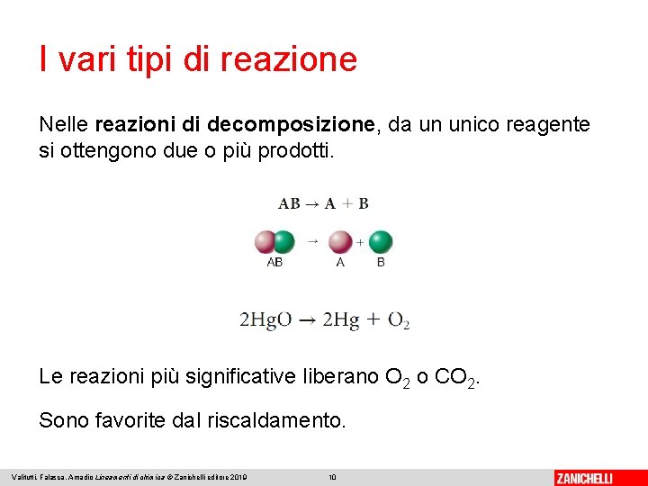 I vari tipi di reazione Nelle reazioni di decomposizione, da un unico reagente si I vari tipi di reazione Nelle reazioni di decomposizione, da un unico reagente si