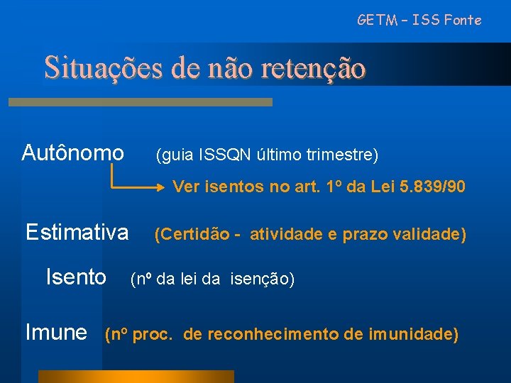 GETM – ISS Fonte Situações de não retenção Autônomo (guia ISSQN último trimestre) Ver