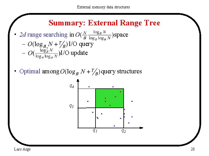 External memory data structures Summary: External Range Tree • 2 d range searching in