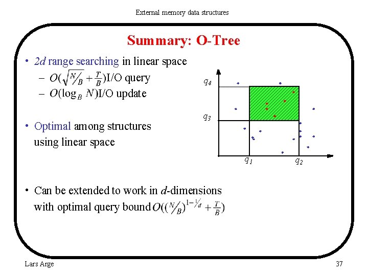 External memory data structures Summary: O-Tree • 2 d range searching in linear space