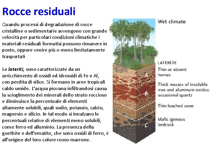 Rocce residuali Quando processi di degradazione di rocce cristalline o sedimentarie avvengono con grande