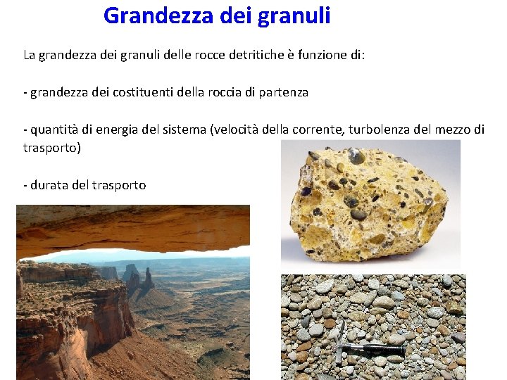 Grandezza dei granuli La grandezza dei granuli delle rocce detritiche è funzione di: -